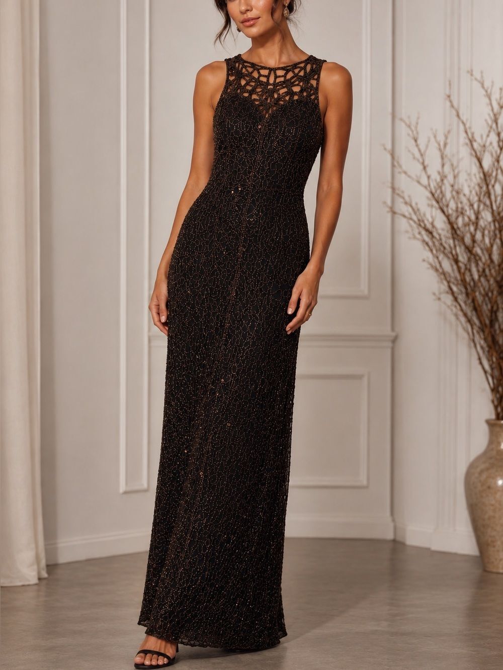 Scala Brown Silk Beaded Maxi Dress Open Crochet Back Evening Gown Size L Vintage